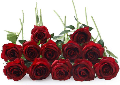 12 pcs Artificial Red Roses Flowers Long Stem Fake Silk Rose for Home Wendding Decorations(Red)