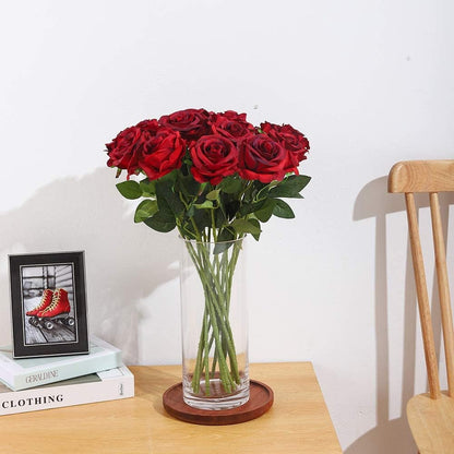 12 pcs Artificial Red Roses Flowers Long Stem Fake Silk Rose for Home Wendding Decorations(Red)
