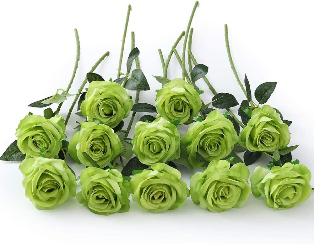 12 pcs Artificial Red Roses Flowers Long Stem Fake Silk Rose for Home Wendding Decorations(Red)