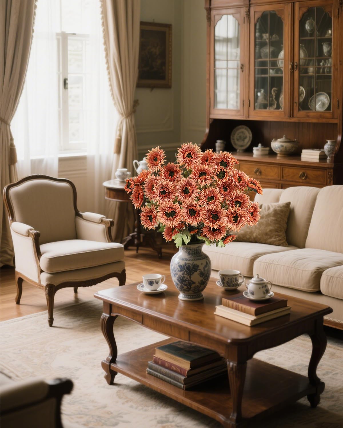 6Pcs Artificial Gerbera Daisies Flowers Fake Daisy Faux Flowers Bouquet Fake Daisy for Home Kitchen Living Room Bathroom Decor（Light Orange）