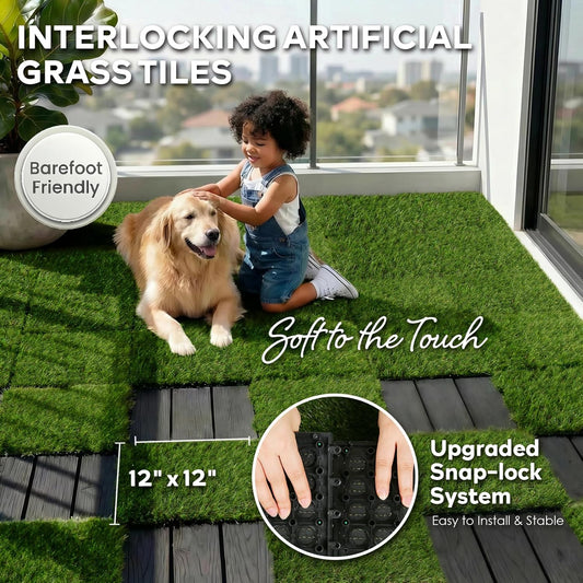 Artificial Grass Tiles Interlocking Outdoor Turf 12"x12" 9 Pack | 40mm Realistic Fake Grass Squares Mat for Balcony Patio Deck Flooring Playground with Drainage Waterproof, Pet Dogs Potty Pad