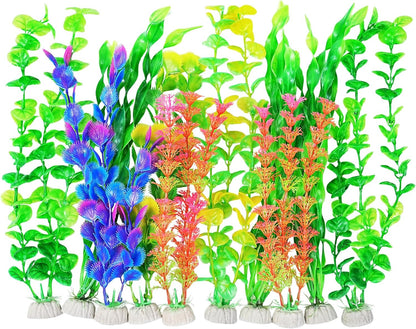 Artificial Fish Tank Plants, Green Plastic Aquarium Accessories, Multi Shape Fake Decorations, 10packs