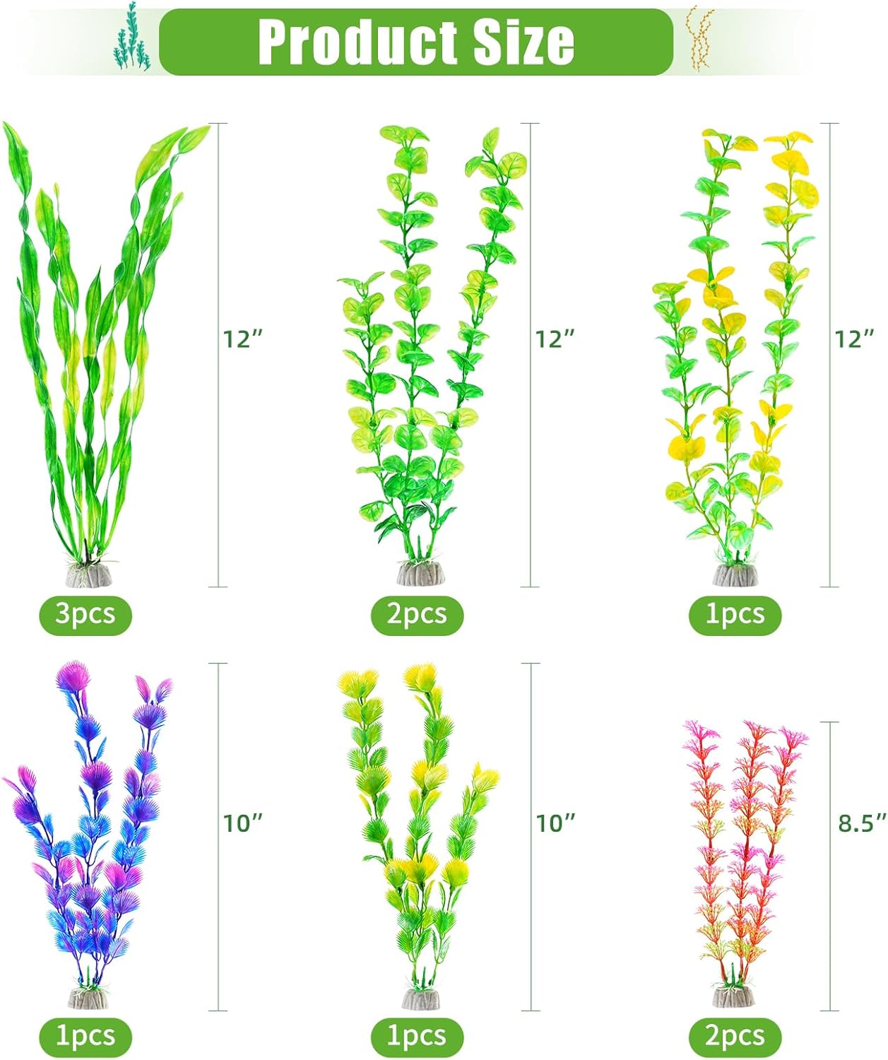 Artificial Fish Tank Plants, Green Plastic Aquarium Accessories, Multi Shape Fake Decorations, 10packs