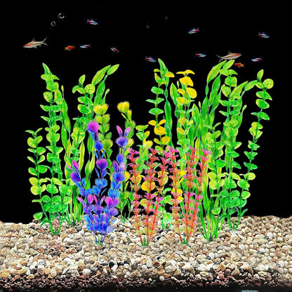 Artificial Fish Tank Plants, Green Plastic Aquarium Accessories, Multi Shape Fake Decorations, 10packs