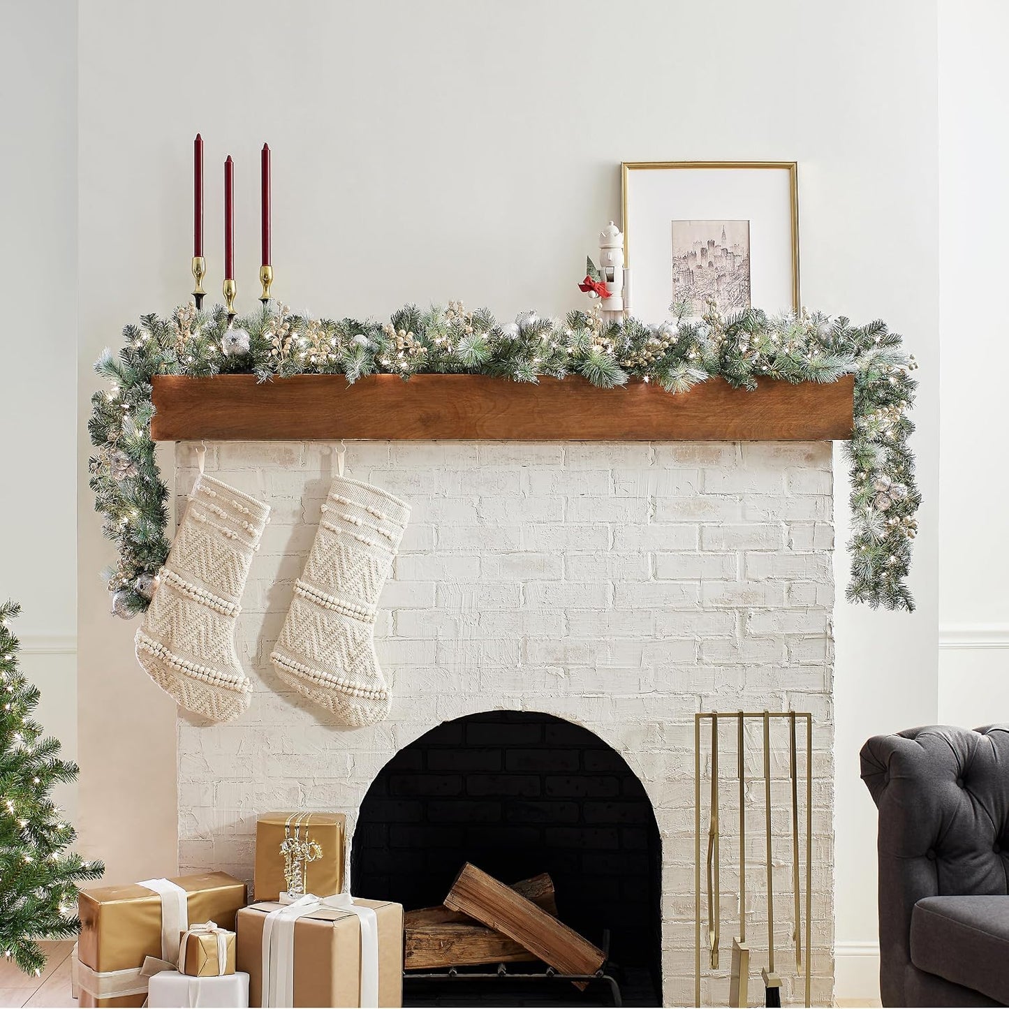 Pre-Lit Artificial Christmas Garland, Green, Pomegranate Pine, White Lights, Decorated With Ball Ornaments, Berry Clusters, Plug In, Christmas Collection, 9 Feet