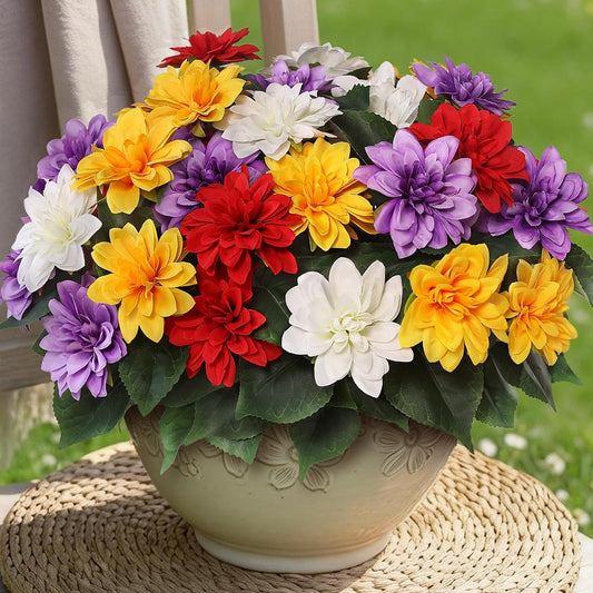8 Bundles 17" Artificial Dahlia Flowers for Outdoor Decor(Yellow) | Realistic Fake Silk Flower Faux Dahlias Plant,Arrangement for Home Garden Balcony Farmhouse Spring Summer Decor