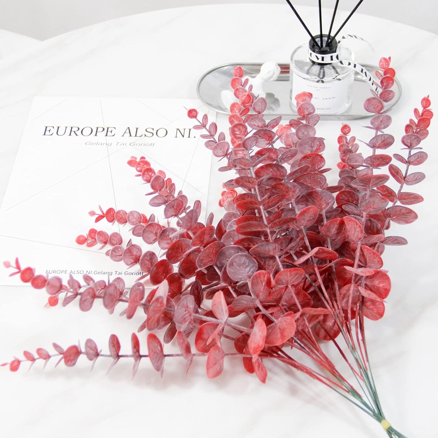 5 Pcs Real Touch Leaf Artificial Eucalyptus Stem Faux Eucalyptuses Wedding Bouquet Centerpiece Home Decor (Green)