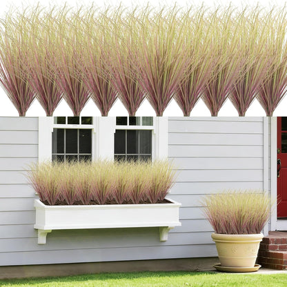 8 Bundles Artificial Grass Plants Outdoor Tall Faux Shrubs Greenery Stems Fake Onion Grasses Wheat Grass UV Resistant Faux Bushes Plant for Garden Indoor Office Home Decor（Red-Tipped Green）