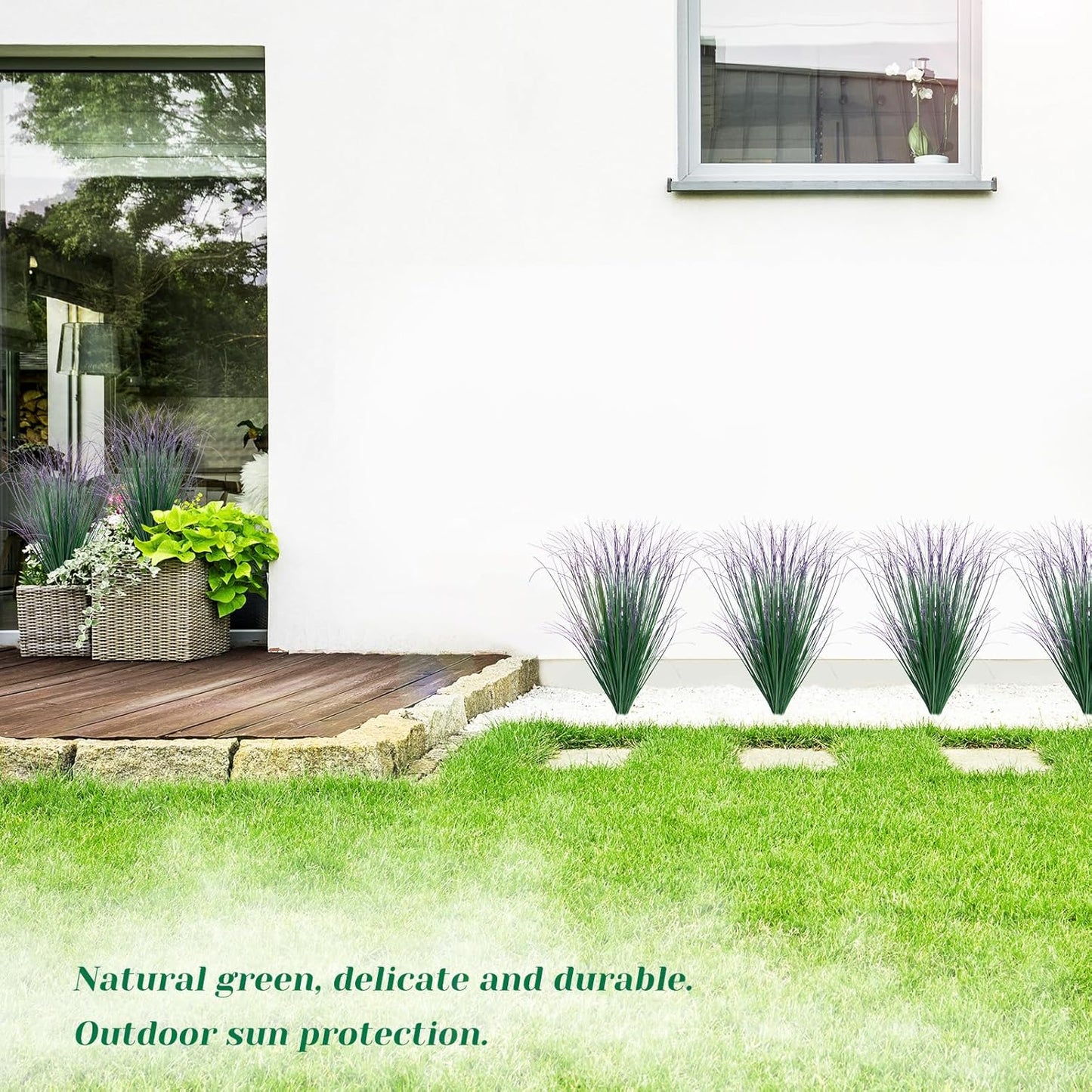 8 Bundles Artificial Grass Plants Outdoor Tall Faux Shrubs Greenery Stems Fake Onion Grasses Wheat Grass UV Resistant Faux Bushes Plant for Garden Indoor Office Home Decor（Red-Tipped Green）
