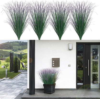8 Bundles Artificial Grass Plants Outdoor Tall Faux Shrubs Greenery Stems Fake Onion Grasses Wheat Grass UV Resistant Faux Bushes Plant for Garden Indoor Office Home Decor（Red-Tipped Green）