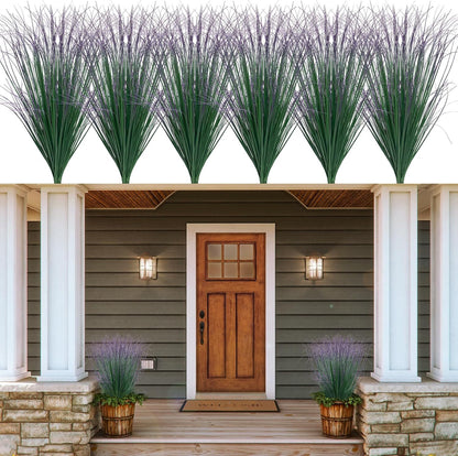 8 Bundles Artificial Grass Plants Outdoor Tall Faux Shrubs Greenery Stems Fake Onion Grasses Wheat Grass UV Resistant Faux Bushes Plant for Garden Indoor Office Home Decor（Red-Tipped Green）
