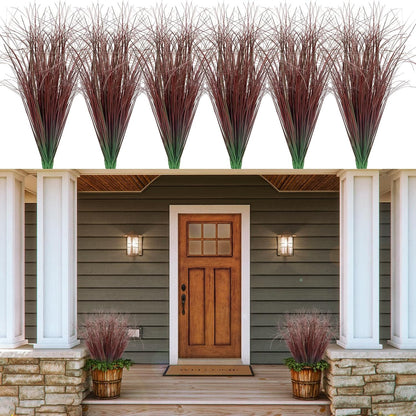 8 Bundles Artificial Grass Plants Outdoor Tall Faux Shrubs Greenery Stems Fake Onion Grasses Wheat Grass UV Resistant Faux Bushes Plant for Garden Indoor Office Home Decor（Red-Tipped Green）