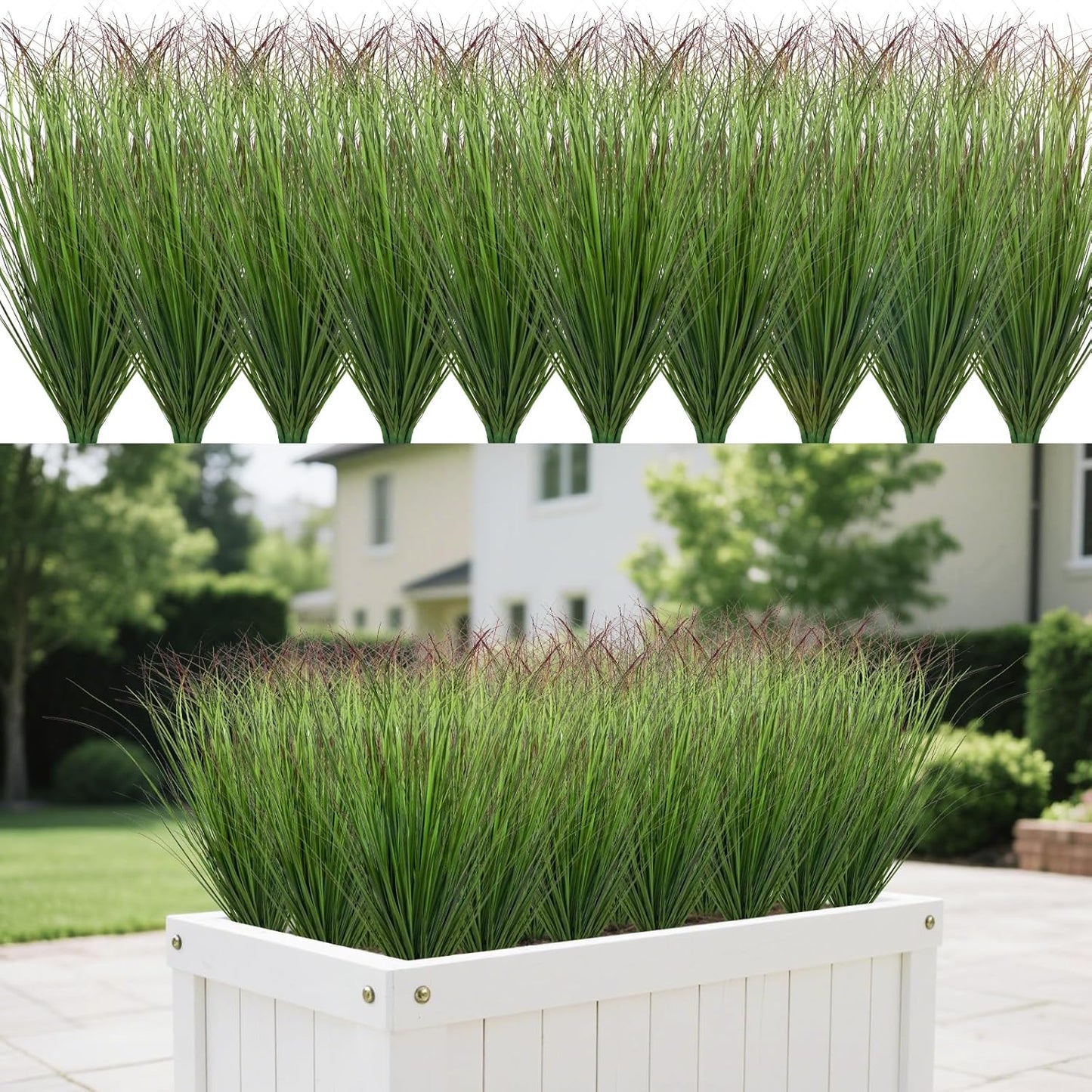 8 Bundles Artificial Grass Plants Outdoor Tall Faux Shrubs Greenery Stems Fake Onion Grasses Wheat Grass UV Resistant Faux Bushes Plant for Garden Indoor Office Home Decor（Red-Tipped Green）