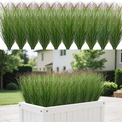 8 Bundles Artificial Grass Plants Outdoor Tall Faux Shrubs Greenery Stems Fake Onion Grasses Wheat Grass UV Resistant Faux Bushes Plant for Garden Indoor Office Home Decor（Red-Tipped Green）