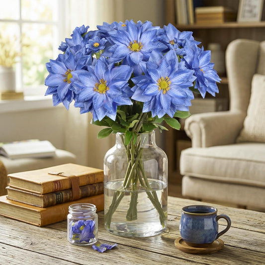 8 Pack Blue Dahlia Artificial Flowers 18 Inch Faux Dahlias Silk Dahlia Stems Real Looking Artificial Dahlias for Home Wedding Party Table Centerpieces Bouquets Decoracion(Blue)