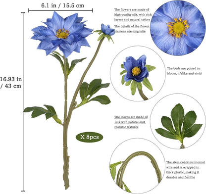 8 Pack Blue Dahlia Artificial Flowers 18 Inch Faux Dahlias Silk Dahlia Stems Real Looking Artificial Dahlias for Home Wedding Party Table Centerpieces Bouquets Decoracion(Blue)