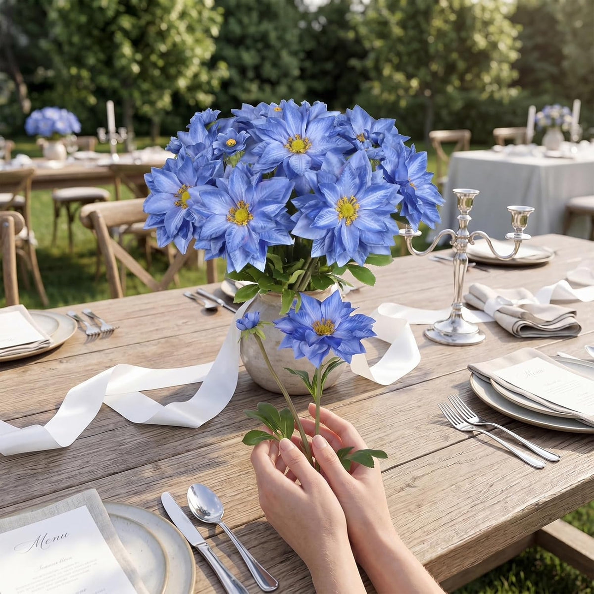 8 Pack Blue Dahlia Artificial Flowers 18 Inch Faux Dahlias Silk Dahlia Stems Real Looking Artificial Dahlias for Home Wedding Party Table Centerpieces Bouquets Decoracion(Blue)