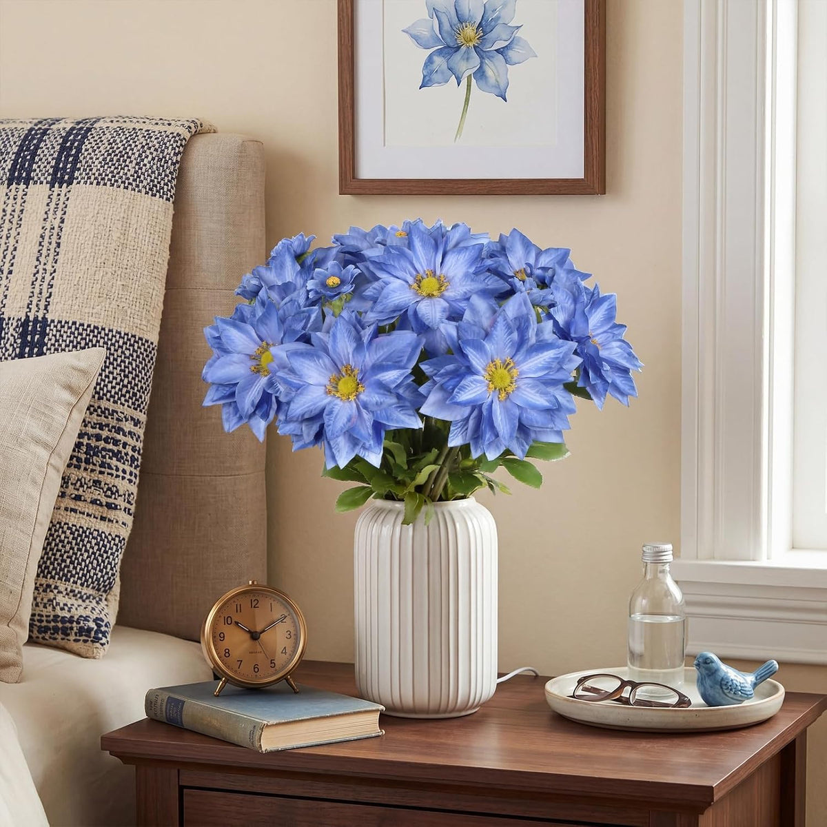 8 Pack Blue Dahlia Artificial Flowers 18 Inch Faux Dahlias Silk Dahlia Stems Real Looking Artificial Dahlias for Home Wedding Party Table Centerpieces Bouquets Decoracion(Blue)