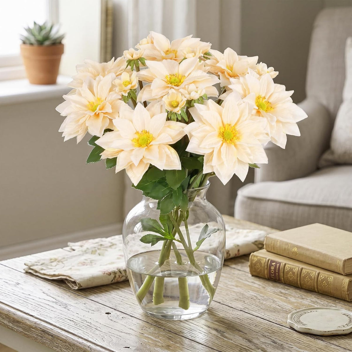 8 Pack Blue Dahlia Artificial Flowers 18 Inch Faux Dahlias Silk Dahlia Stems Real Looking Artificial Dahlias for Home Wedding Party Table Centerpieces Bouquets Decoracion(Blue)