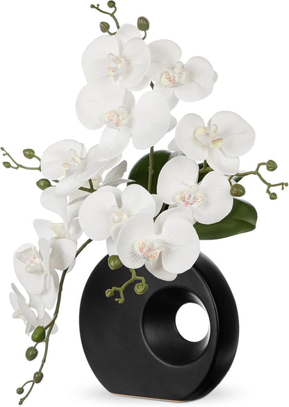 Artificial Orchid Flowers in Black Modern Ceramic Vase 15.7" Tall White Faux Orchid Arrangement Silk Orchid Flower Fake Orchid Centerpiece for Home Office Room Wedding Table Décor