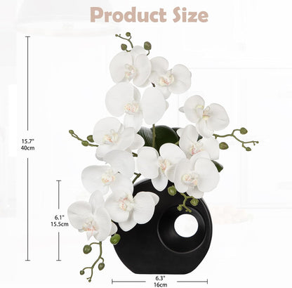 Artificial Orchid Flowers in Black Modern Ceramic Vase 15.7" Tall White Faux Orchid Arrangement Silk Orchid Flower Fake Orchid Centerpiece for Home Office Room Wedding Table Décor