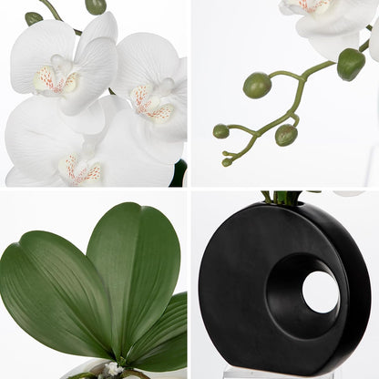 Artificial Orchid Flowers in Black Modern Ceramic Vase 15.7" Tall White Faux Orchid Arrangement Silk Orchid Flower Fake Orchid Centerpiece for Home Office Room Wedding Table Décor