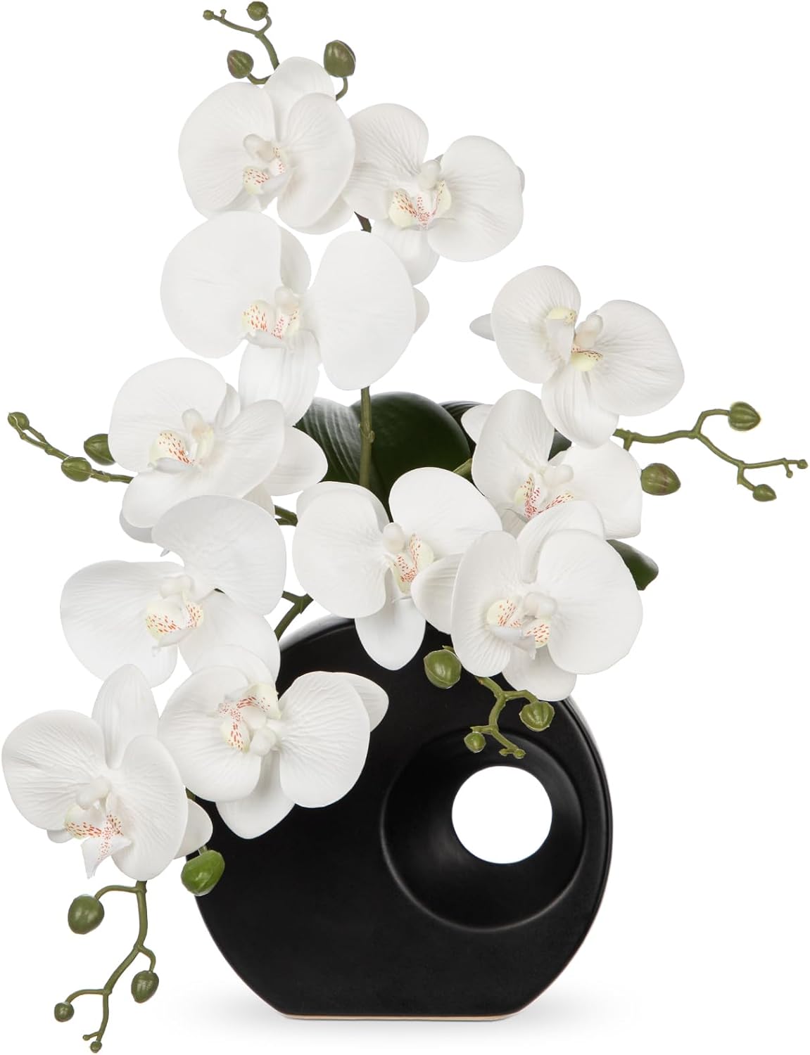 Artificial Orchid Flowers in Black Modern Ceramic Vase 15.7" Tall White Faux Orchid Arrangement Silk Orchid Flower Fake Orchid Centerpiece for Home Office Room Wedding Table Décor