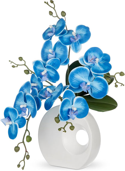 Artificial Orchid Flowers in Black Modern Ceramic Vase 15.7" Tall White Faux Orchid Arrangement Silk Orchid Flower Fake Orchid Centerpiece for Home Office Room Wedding Table Décor