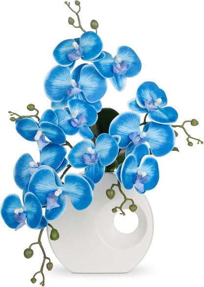Artificial Orchid Flowers in Black Modern Ceramic Vase 15.7" Tall White Faux Orchid Arrangement Silk Orchid Flower Fake Orchid Centerpiece for Home Office Room Wedding Table Décor