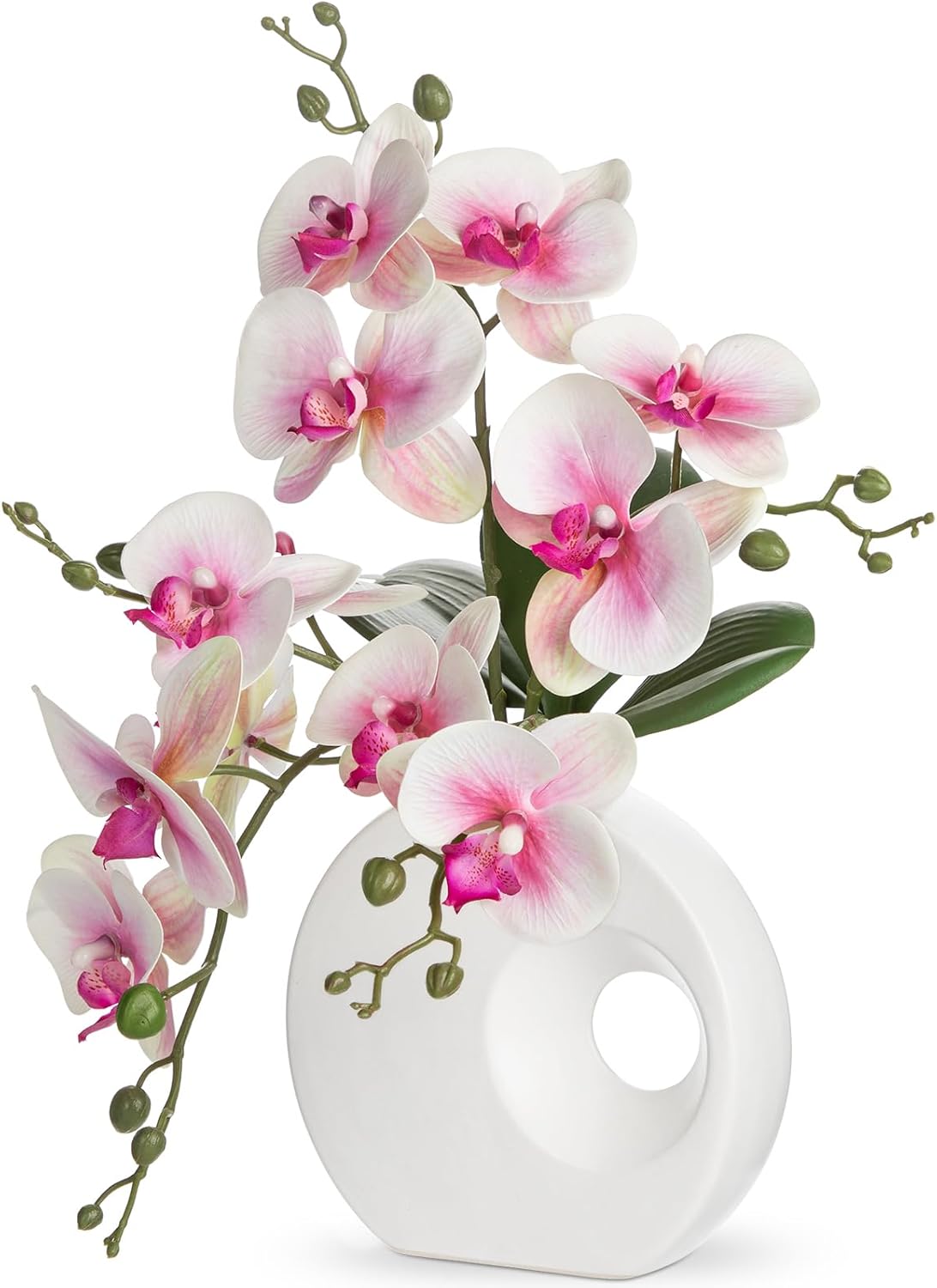 Artificial Orchid Flowers in Black Modern Ceramic Vase 15.7" Tall White Faux Orchid Arrangement Silk Orchid Flower Fake Orchid Centerpiece for Home Office Room Wedding Table Décor