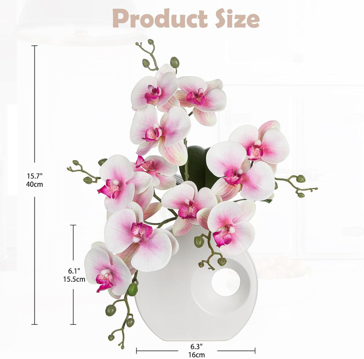 Artificial Orchid Flowers in Black Modern Ceramic Vase 15.7" Tall White Faux Orchid Arrangement Silk Orchid Flower Fake Orchid Centerpiece for Home Office Room Wedding Table Décor