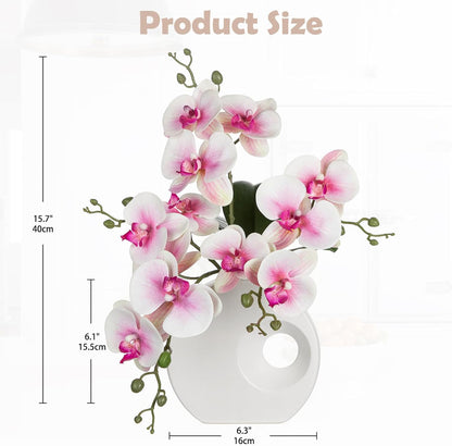 Artificial Orchid Flowers in Black Modern Ceramic Vase 15.7" Tall White Faux Orchid Arrangement Silk Orchid Flower Fake Orchid Centerpiece for Home Office Room Wedding Table Décor