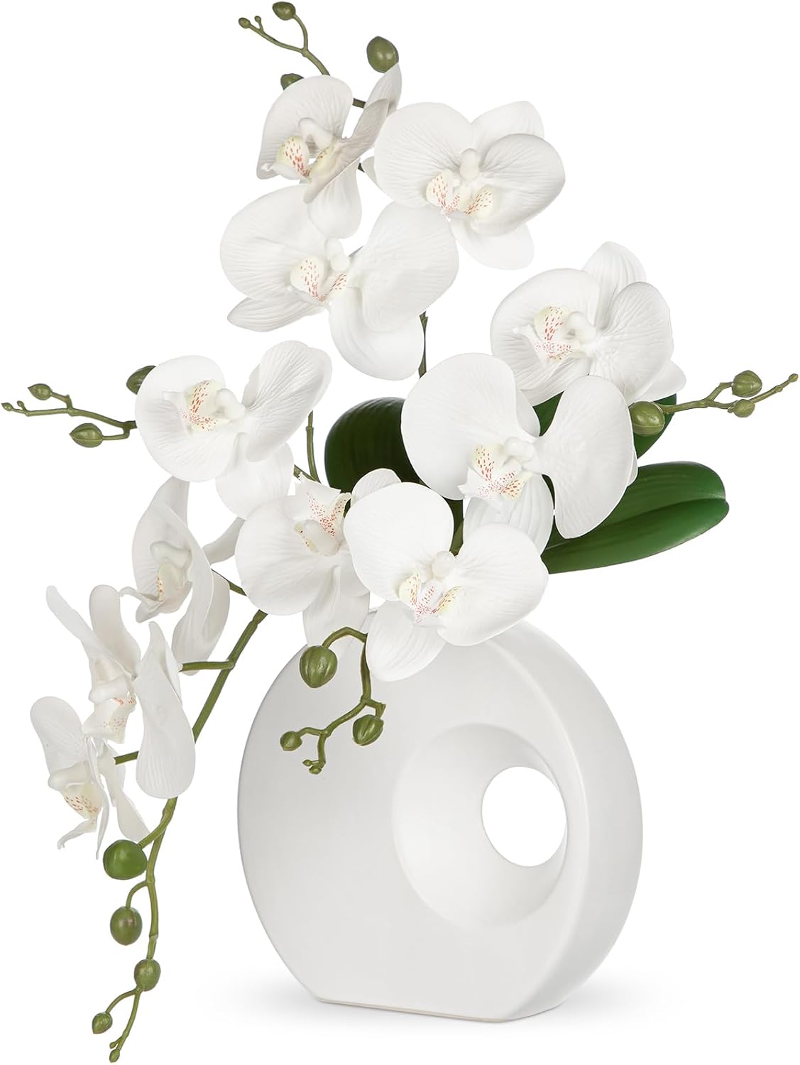 Artificial Orchid Flowers in Black Modern Ceramic Vase 15.7" Tall White Faux Orchid Arrangement Silk Orchid Flower Fake Orchid Centerpiece for Home Office Room Wedding Table Décor