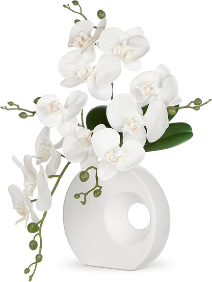 Artificial Orchid Flowers in Black Modern Ceramic Vase 15.7" Tall White Faux Orchid Arrangement Silk Orchid Flower Fake Orchid Centerpiece for Home Office Room Wedding Table Décor