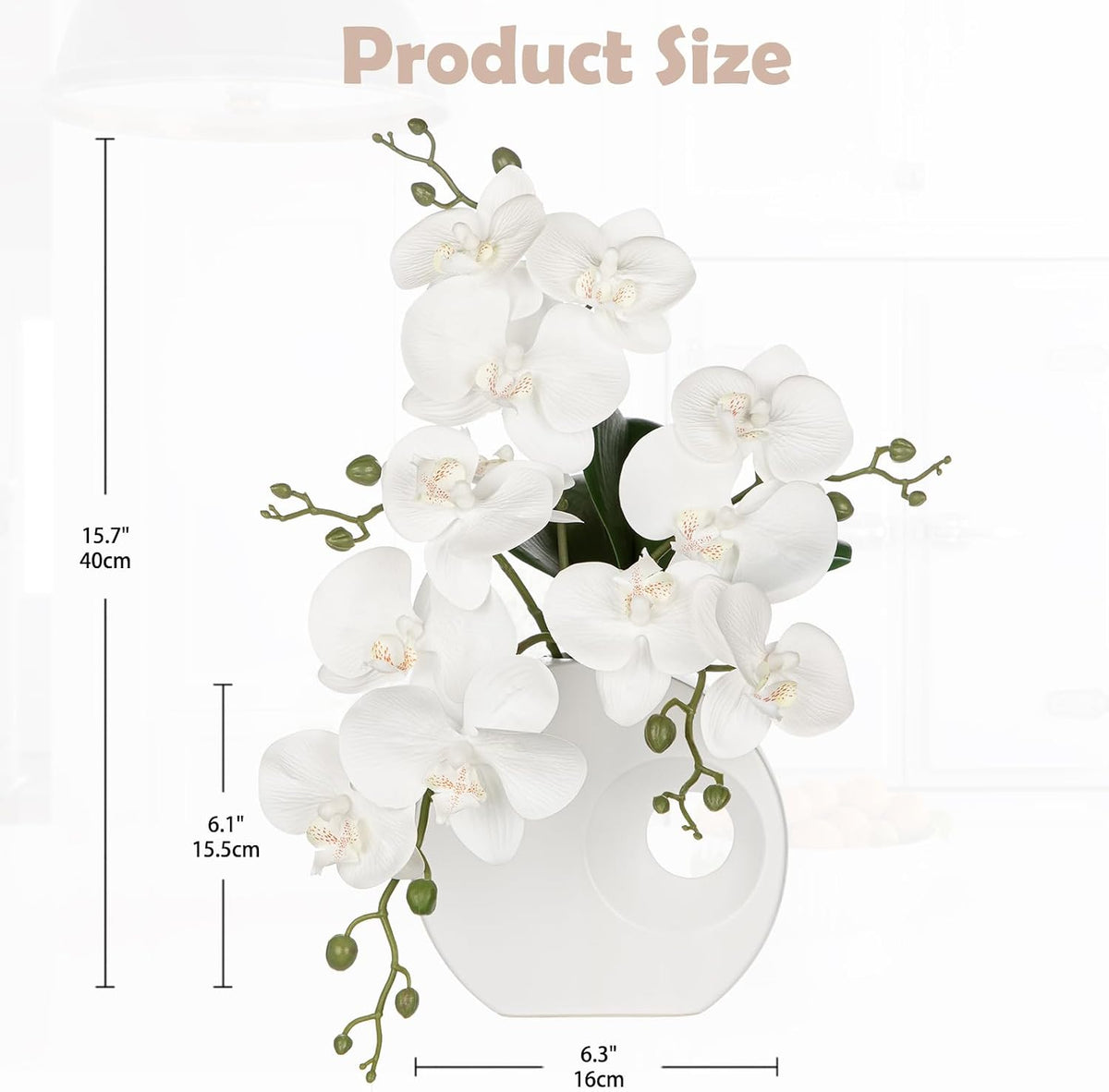Artificial Orchid Flowers in Black Modern Ceramic Vase 15.7" Tall White Faux Orchid Arrangement Silk Orchid Flower Fake Orchid Centerpiece for Home Office Room Wedding Table Décor