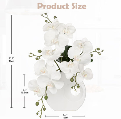 Artificial Orchid Flowers in Black Modern Ceramic Vase 15.7" Tall White Faux Orchid Arrangement Silk Orchid Flower Fake Orchid Centerpiece for Home Office Room Wedding Table Décor