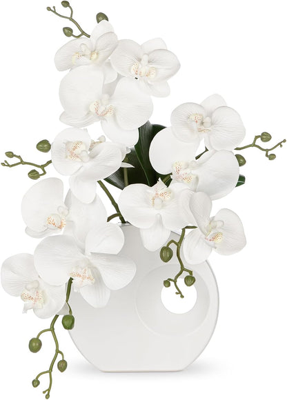 Artificial Orchid Flowers in Black Modern Ceramic Vase 15.7" Tall White Faux Orchid Arrangement Silk Orchid Flower Fake Orchid Centerpiece for Home Office Room Wedding Table Décor