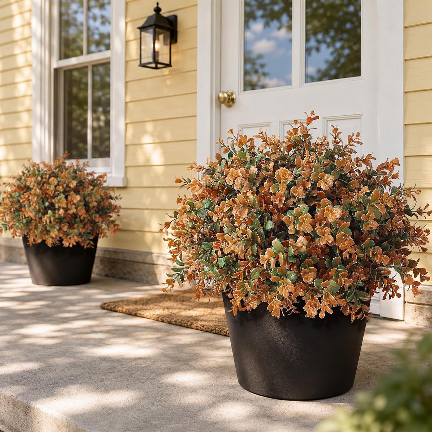 2 Pack 17" Lifelike Touch Artificial Boxwood Topiary Tree(Autumn Orange) | with Pots, No Assembly Required, Fake Boxwood Fall Potted Faux Shrubs Plants, for Front Porch Farmhouse Garden Outdoor Decor