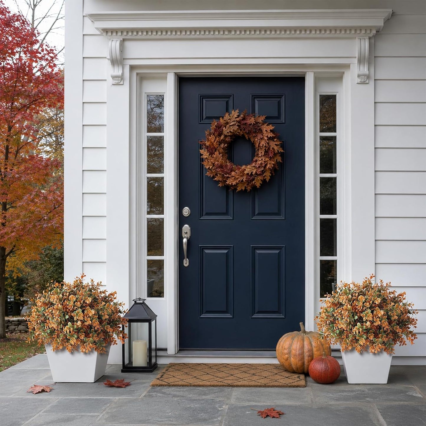 2 Pack 17" Lifelike Touch Artificial Boxwood Topiary Tree(Autumn Orange) | with Pots, No Assembly Required, Fake Boxwood Fall Potted Faux Shrubs Plants, for Front Porch Farmhouse Garden Outdoor Decor
