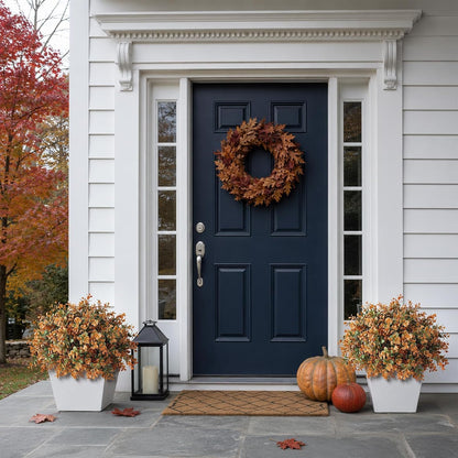 2 Pack 17" Lifelike Touch Artificial Boxwood Topiary Tree(Autumn Orange) | with Pots, No Assembly Required, Fake Boxwood Fall Potted Faux Shrubs Plants, for Front Porch Farmhouse Garden Outdoor Decor