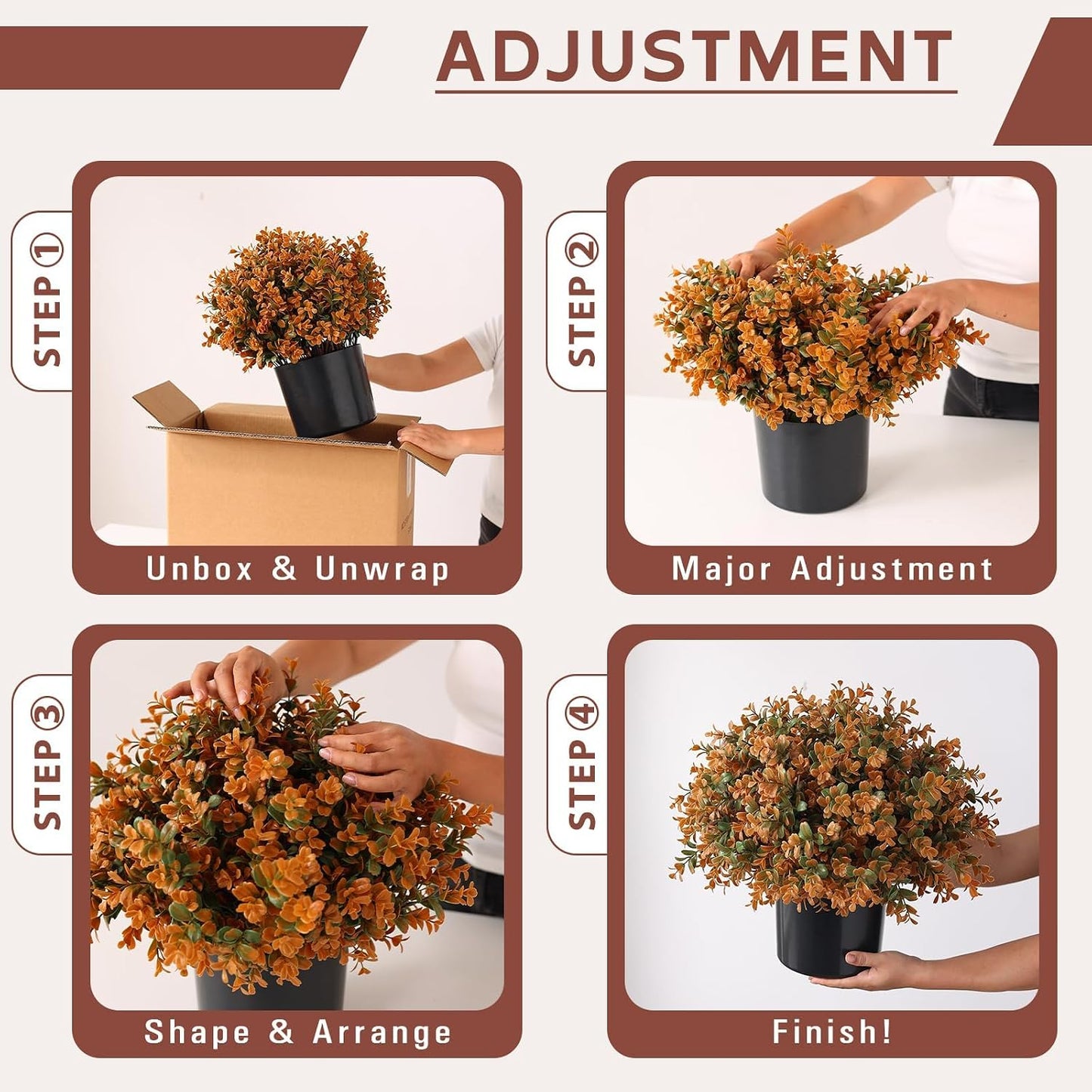 2 Pack 17" Lifelike Touch Artificial Boxwood Topiary Tree(Autumn Orange) | with Pots, No Assembly Required, Fake Boxwood Fall Potted Faux Shrubs Plants, for Front Porch Farmhouse Garden Outdoor Decor