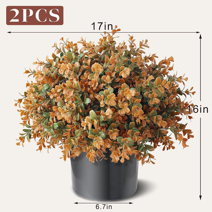2 Pack 17" Lifelike Touch Artificial Boxwood Topiary Tree(Autumn Orange) | with Pots, No Assembly Required, Fake Boxwood Fall Potted Faux Shrubs Plants, for Front Porch Farmhouse Garden Outdoor Decor