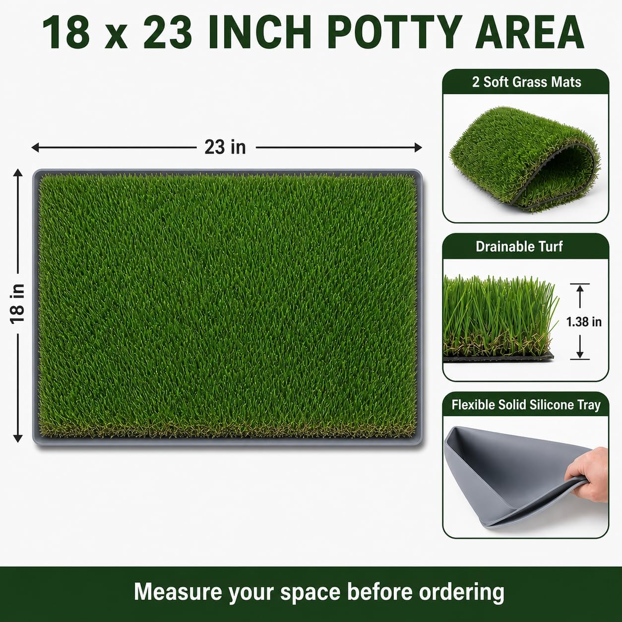 Dog Grass Pee Pads, 2 Pack 14 x 18 Inch Artificial Grass Replacement Mats for Dog Potty Trays, Soft 1.38 Inch Washable Turf with Drainage Holes, Indoor Outdoor