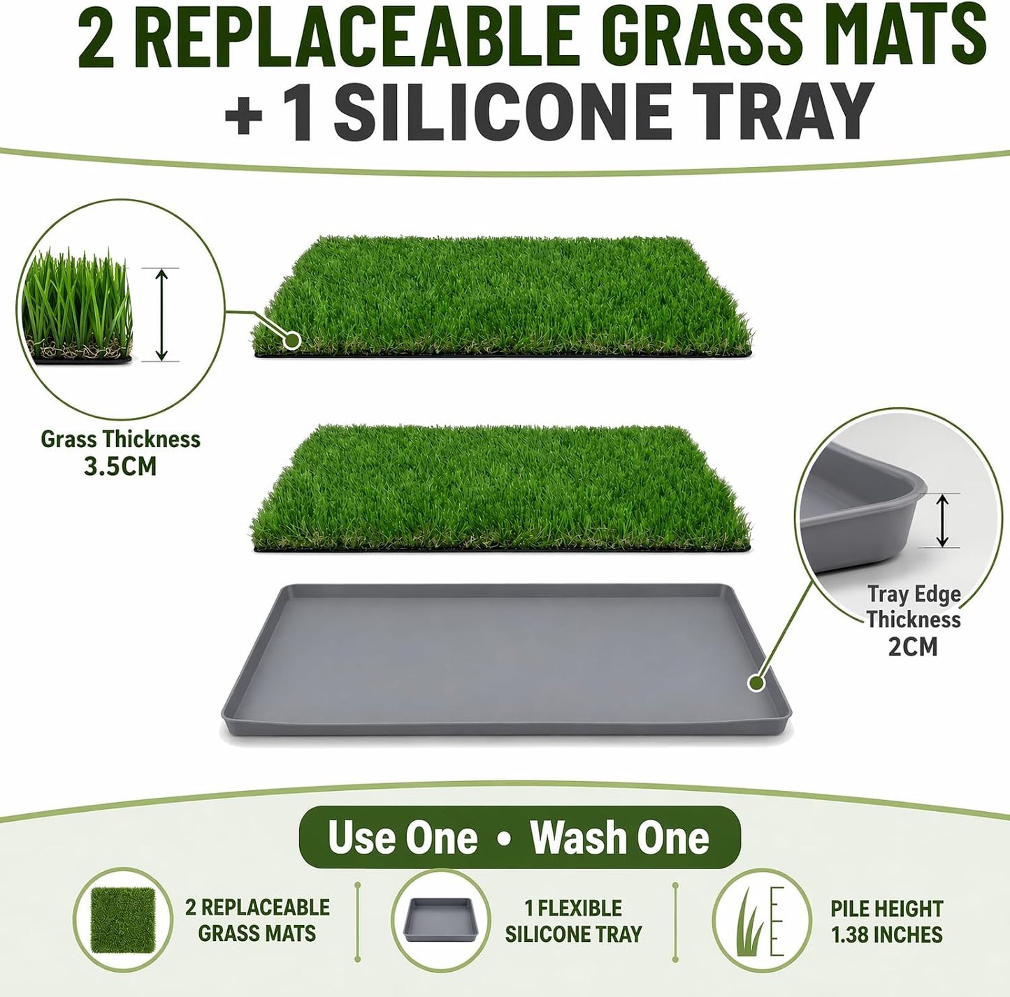 Dog Grass Pee Pads, 2 Pack 14 x 18 Inch Artificial Grass Replacement Mats for Dog Potty Trays, Soft 1.38 Inch Washable Turf with Drainage Holes, Indoor Outdoor