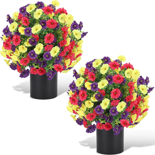 Artificial Flower Topiary Trees for Front Door UV Resistant Faux Outdoor Potted Plants, Spring Summer Greenery Fake Bushes for Front Door Farmhouse Garden Porch Outdoor Decor (Orange)