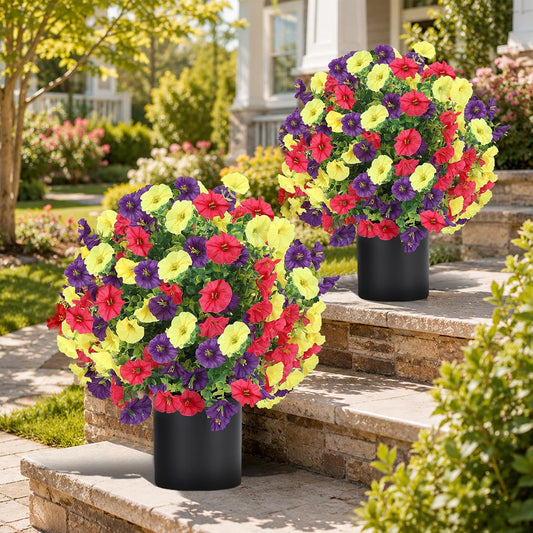 Artificial Flower Topiary Trees for Front Door UV Resistant Faux Outdoor Potted Plants, Spring Summer Greenery Fake Bushes for Front Door Farmhouse Garden Porch Outdoor Decor (Orange)