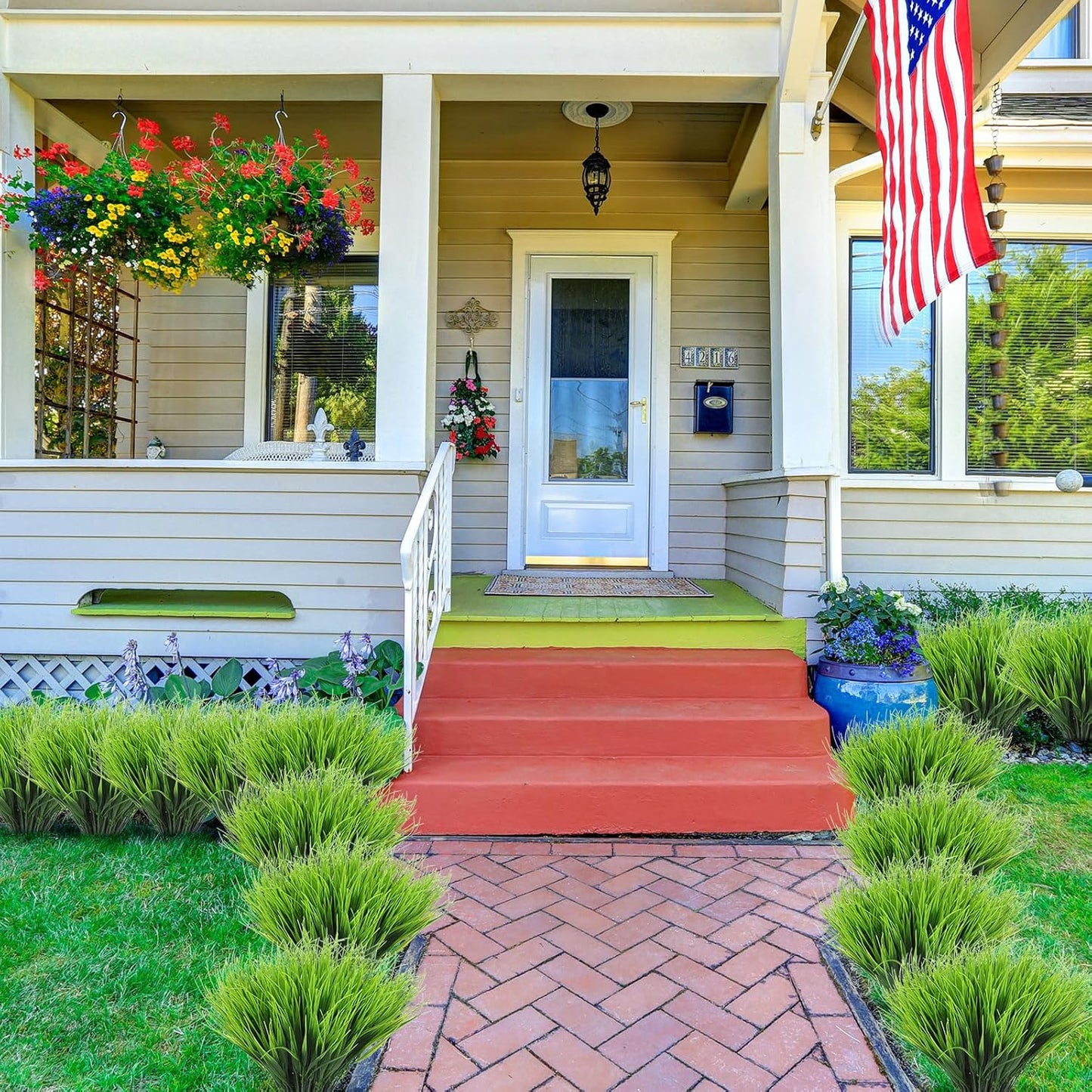 40 Bundles Artificial Plants Onion Grass Outdoor Fake Grass Wheat UV Resistant Artificial Greenery Stems Plastic Faux Less Fade Plant Shrubs for Patio Garden Porch Window Home Decor