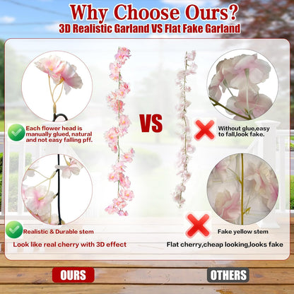 Cherry Blossom Garland Artificial Cherry Flower Vines 2 Pack Hanging Silk Flowers Garland for Home Wedding Garden Party Arch Office Decor (Pink)