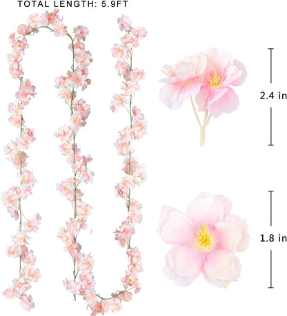 Cherry Blossom Garland Artificial Cherry Flower Vines 2 Pack Hanging Silk Flowers Garland for Home Wedding Garden Party Arch Office Decor (Pink)