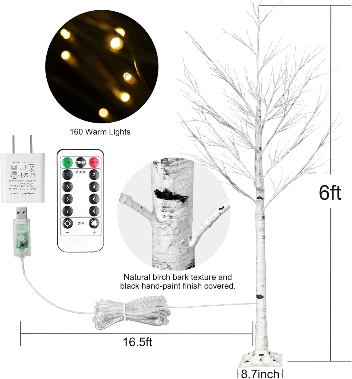 6FT Lighted Birch Tree with 160 LEDs Warm White Lights, 8 Functions Remote Faux Tree with Lights for Indoor Outdoor Summer Christmas Holiday Party Decoration